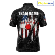 Load image into Gallery viewer, Vintage American flag black bowling polo shirt for men with patriotic team graphics.