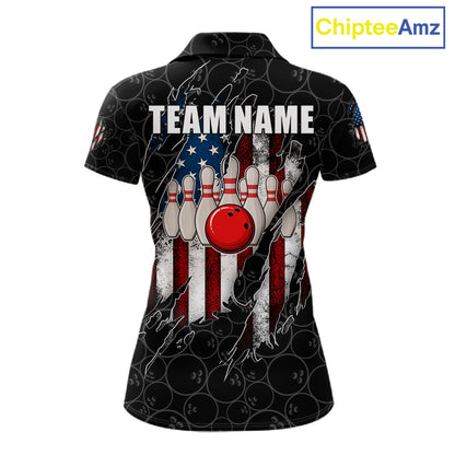 Vintage American flag black bowling polo shirt for women with patriotic team graphics.