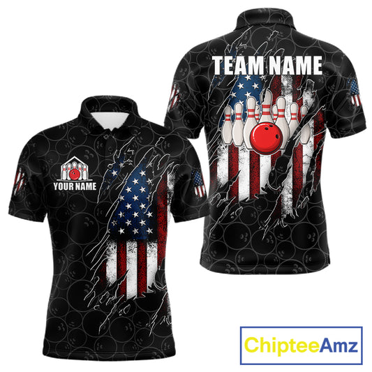 Vintage American flag black bowling polo shirt for men with patriotic team graphics.