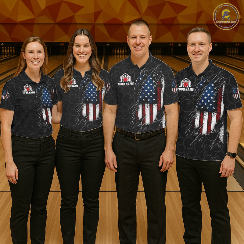 Bowling team wearing matching vintage American flag black bowling jerseys during league competition front view.