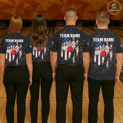 Back view of bowling team wearing matching patriotic bowling shirts in a bowling alley.