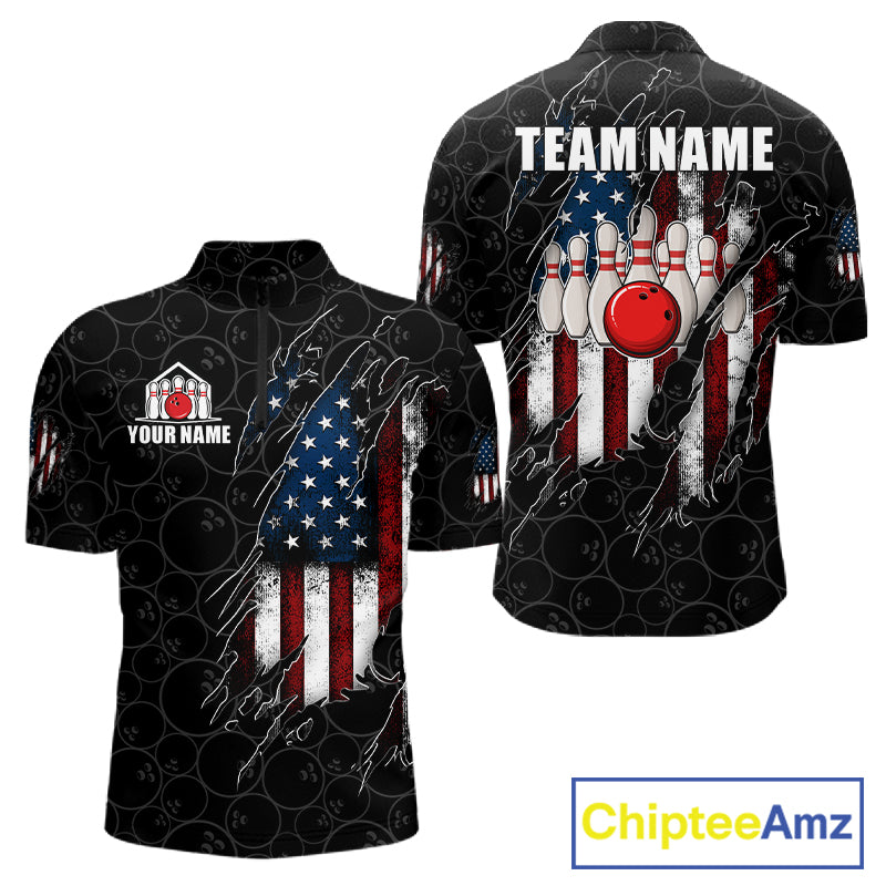 Vintage American flag black bowling quarter zip shirt for men built for league tournaments and team events.