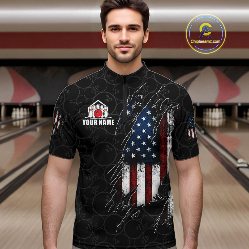 Man wearing a vintage American flag black bowling quarter zip jersey during league play front view.