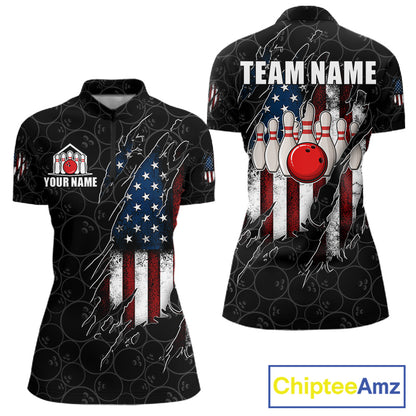 Vintage American flag black bowling quarter zip shirt for women built for league tournaments and team events.