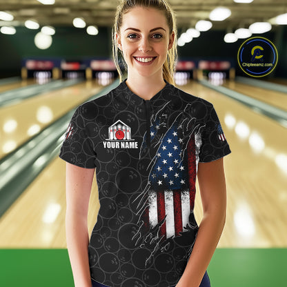 Woman wearing a vintage American flag black bowling quarter zip jersey during league play front view.