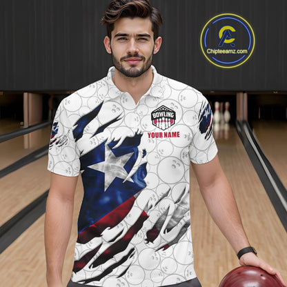Man wearing a smoke Texas flag white bowling polo shirt at a bowling alley front view.