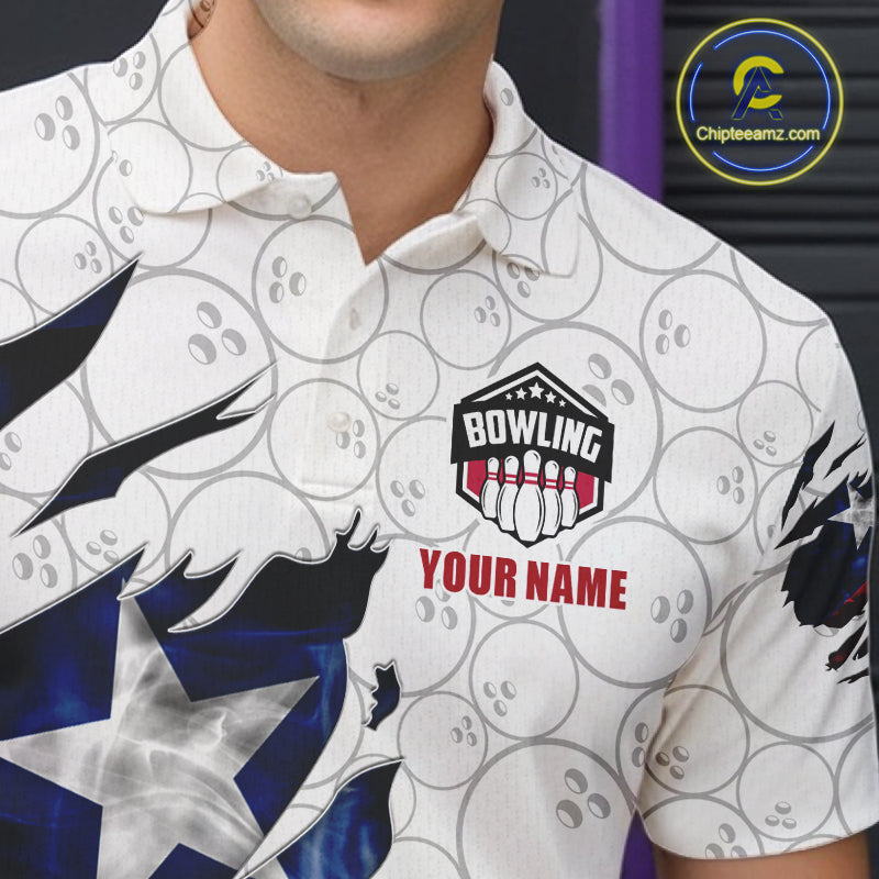 Close-up of a smoke Texas flag white bowling polo shirt collar, buttons, and Texas flag artwork.