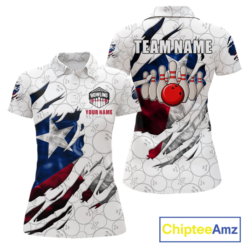 Smoke Texas flag white bowling polo shirt for women with patriotic bowling team graphics.