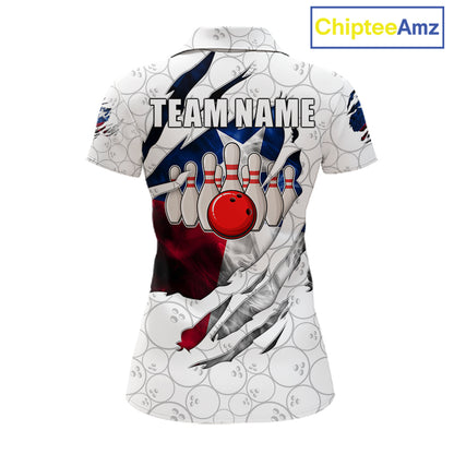 Smoke Texas flag white bowling polo shirt for women with patriotic bowling team graphics.