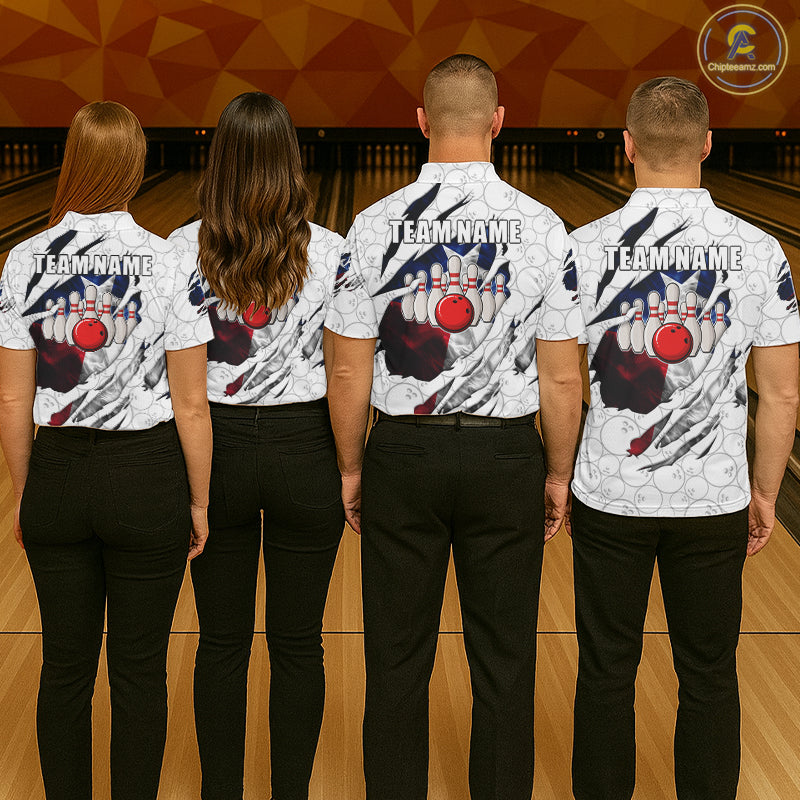 Back view of bowling team wearing matching Texas flag bowling shirts in a bowling alley.