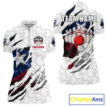Load image into Gallery viewer, Smoke Texas flag white bowling quarter zip shirt for women designed for tournaments and league competition.