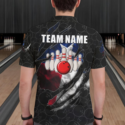Back view of man wearing a smoke Texas flag black bowling polo shirt inside a bowling alley.