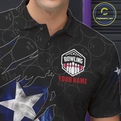 Close-up of a smoke Texas flag black bowling polo shirt collar, buttons, and Texas flag artwork.