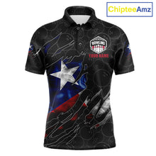 Load image into Gallery viewer, Smoke Texas flag black bowling polo shirt for men with patriotic bowling team graphics.