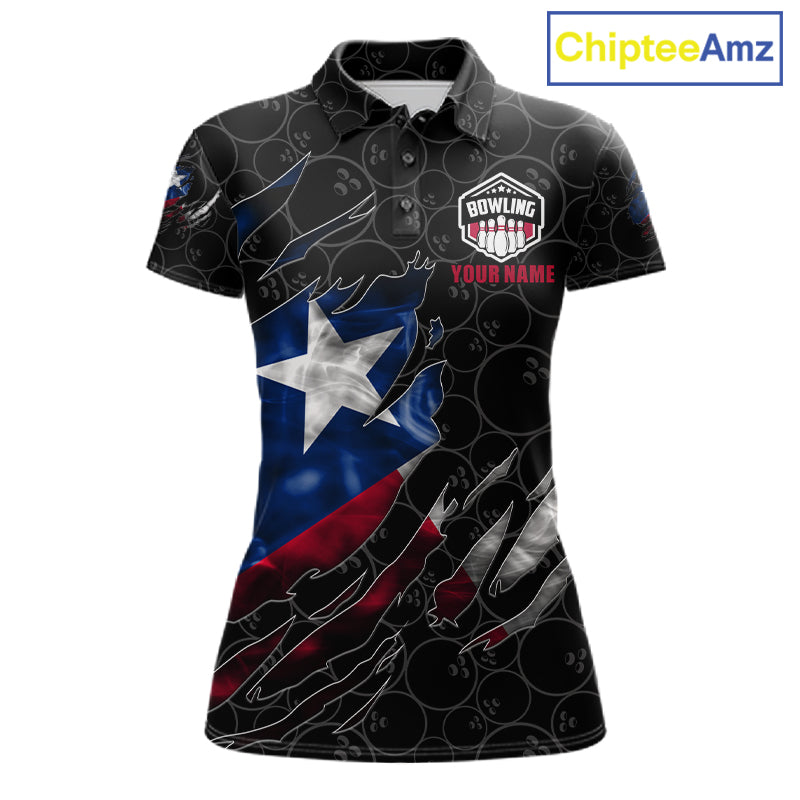 Smoke Texas flag black bowling polo shirt for women with patriotic bowling team graphics.