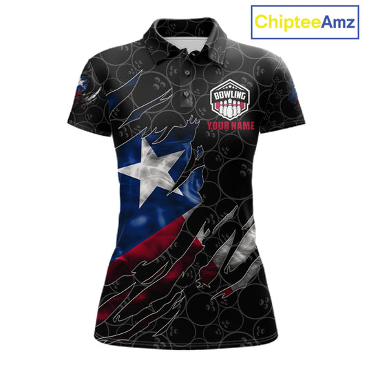 Smoke Texas flag black bowling polo shirt for women with patriotic bowling team graphics.