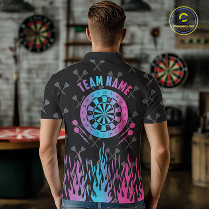 Back view of man wearing a dartboard neon fire flame darts shirt during league competition.