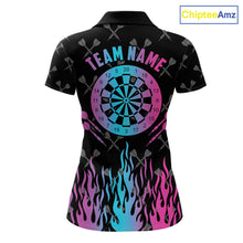 Load image into Gallery viewer, Dartboard neon fire flame darts polo shirt for women with custom darts team graphics.