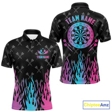 Load image into Gallery viewer, Dartboard neon fire flame darts polo shirt for men with custom darts team graphics.