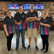 Load image into Gallery viewer, Darts team wearing matching dartboard neon fire flame darts jerseys during tournament play front view.