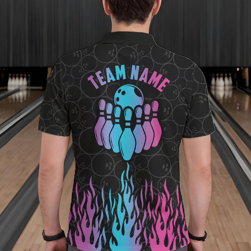 Back view of man wearing a fire flame neon bowling polo shirt inside a bowling alley.