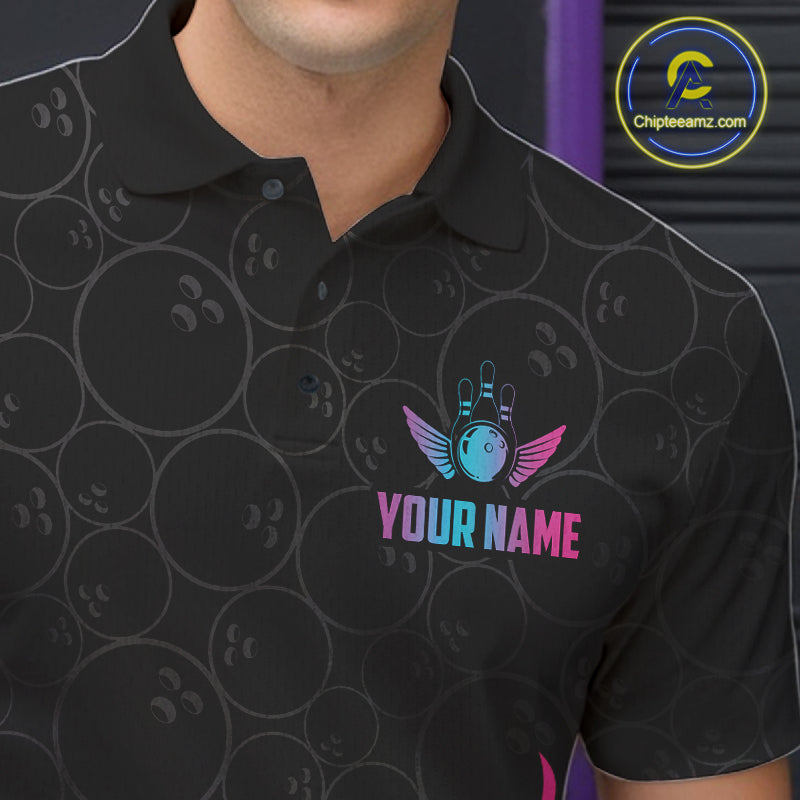 Close-up of a fire flame neon bowling polo shirt collar, buttons, and flame artwork.