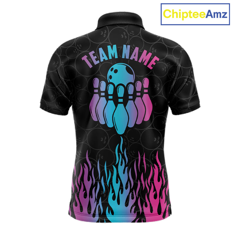 Fire flame neon bowling polo shirt for men with colorful custom team graphics.