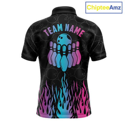 Fire flame neon bowling polo shirt for men with colorful custom team graphics.