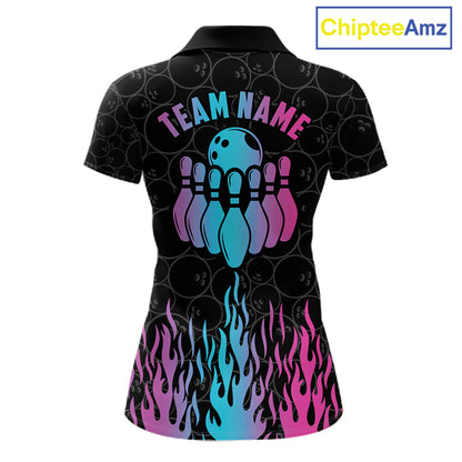 Fire flame neon bowling polo shirt for women with colorful custom team graphics.