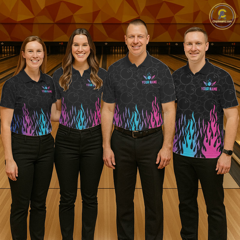 Bowling team wearing matching fire flame neon bowling jerseys during tournament play front view.
