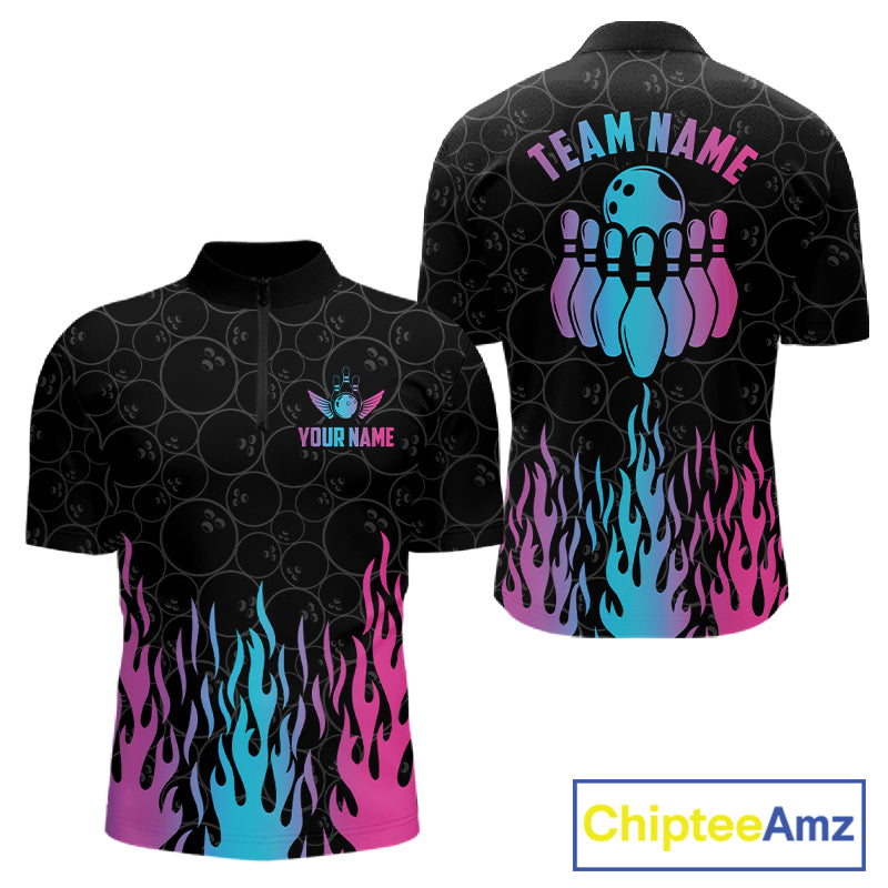 Fire flame neon bowling quarter zip shirt for men designed for league tournaments and team events.