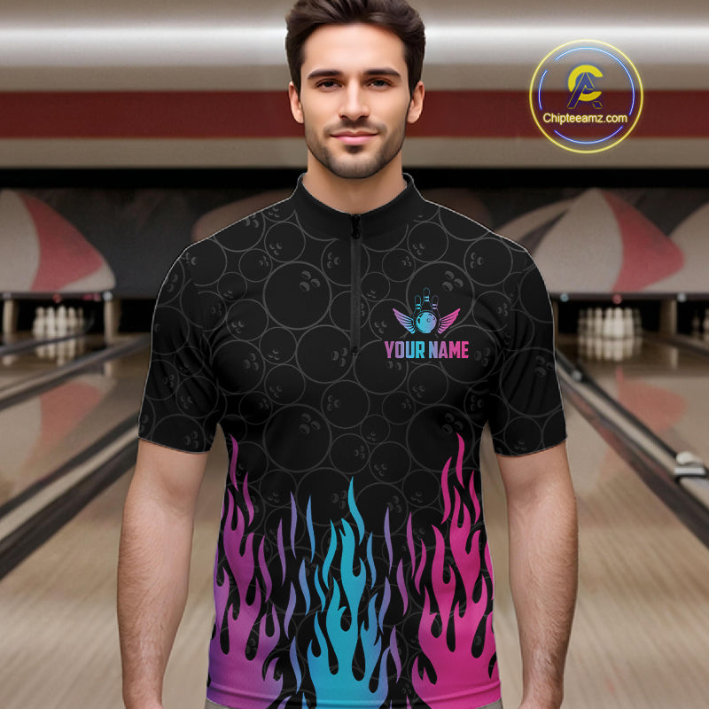 Man wearing a fire flame neon bowling quarter zip jersey during league competition front view.
