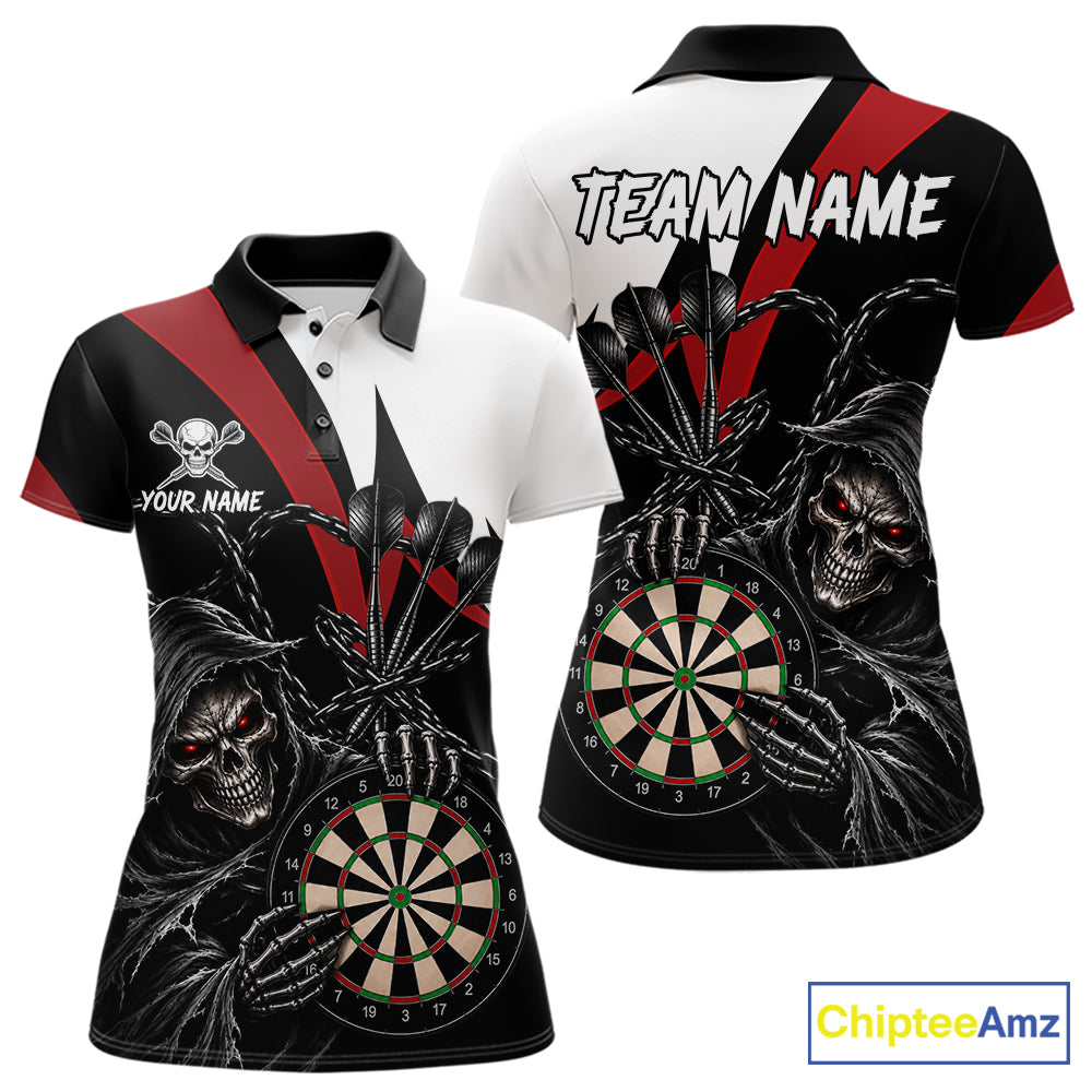 Personalized Grim Reaper Chain Darts Shirts For Women Custom Skull Darts League Team Jersey | Red TDM7183