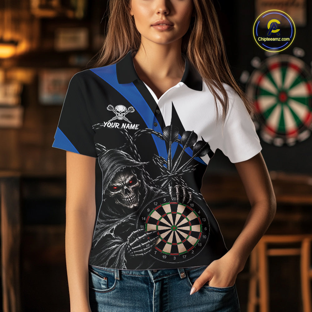 Personalized Grim Reaper Chain Darts Shirts For Women Custom Skull Darts League Team Jersey | Blue TDM7184