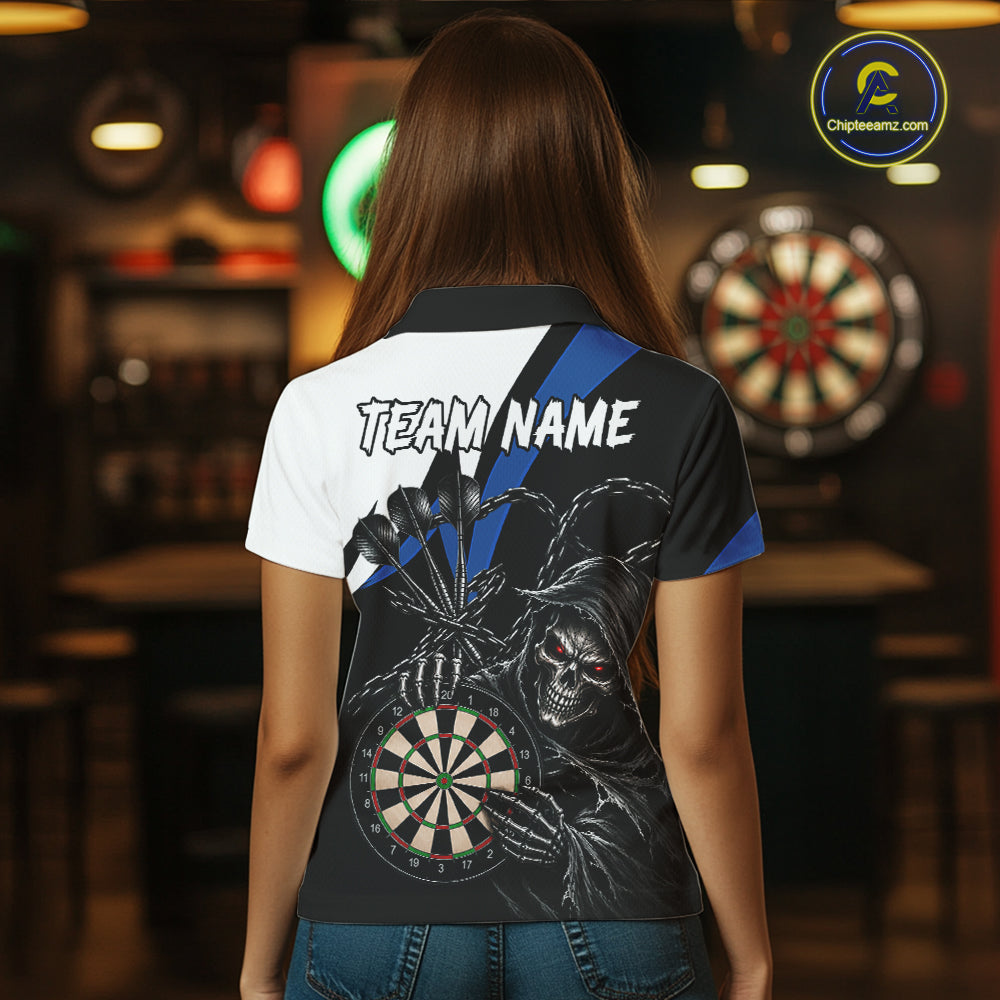 Personalized Grim Reaper Chain Darts Shirts For Women Custom Skull Darts League Team Jersey | Blue TDM7184