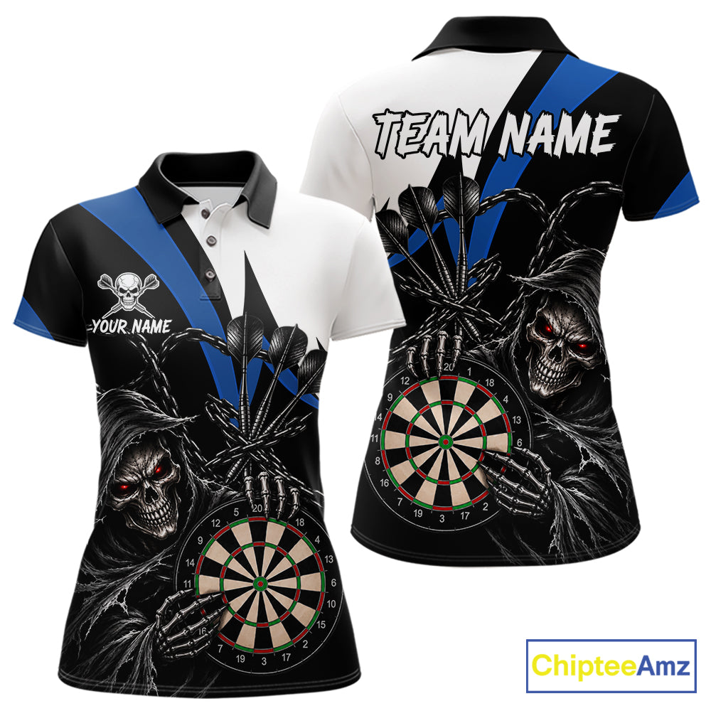 Personalized Grim Reaper Chain Darts Shirts For Women Custom Skull Darts League Team Jersey | Blue TDM7184
