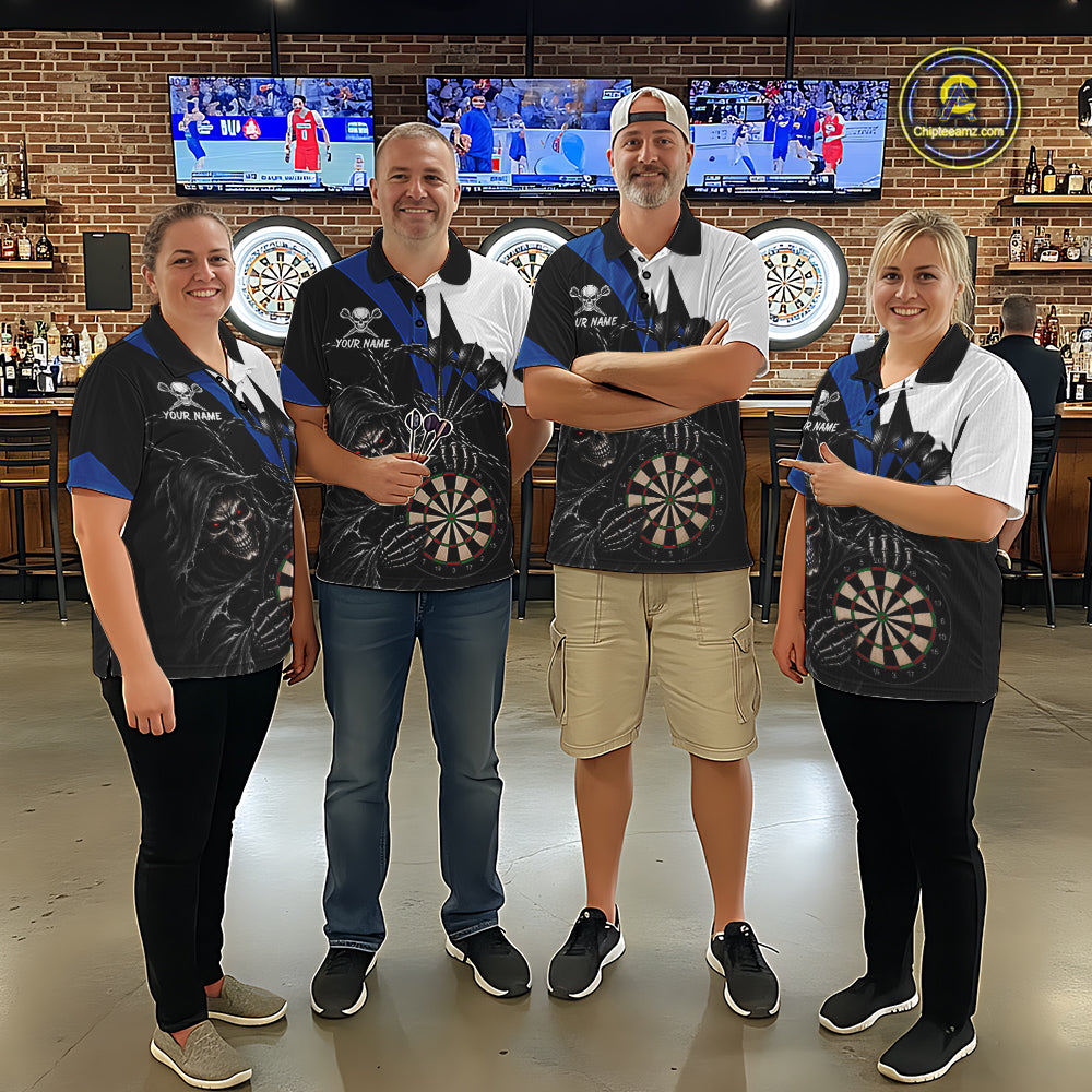Personalized Grim Reaper Chain Darts Shirts For Women Custom Skull Darts League Team Jersey | Blue TDM7184