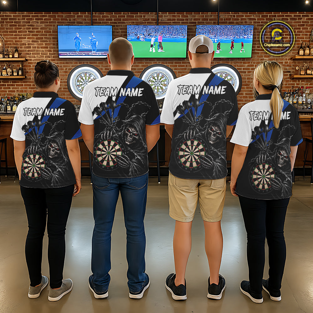 Personalized Grim Reaper Chain Darts Shirts For Women Custom Skull Darts League Team Jersey | Blue TDM7184