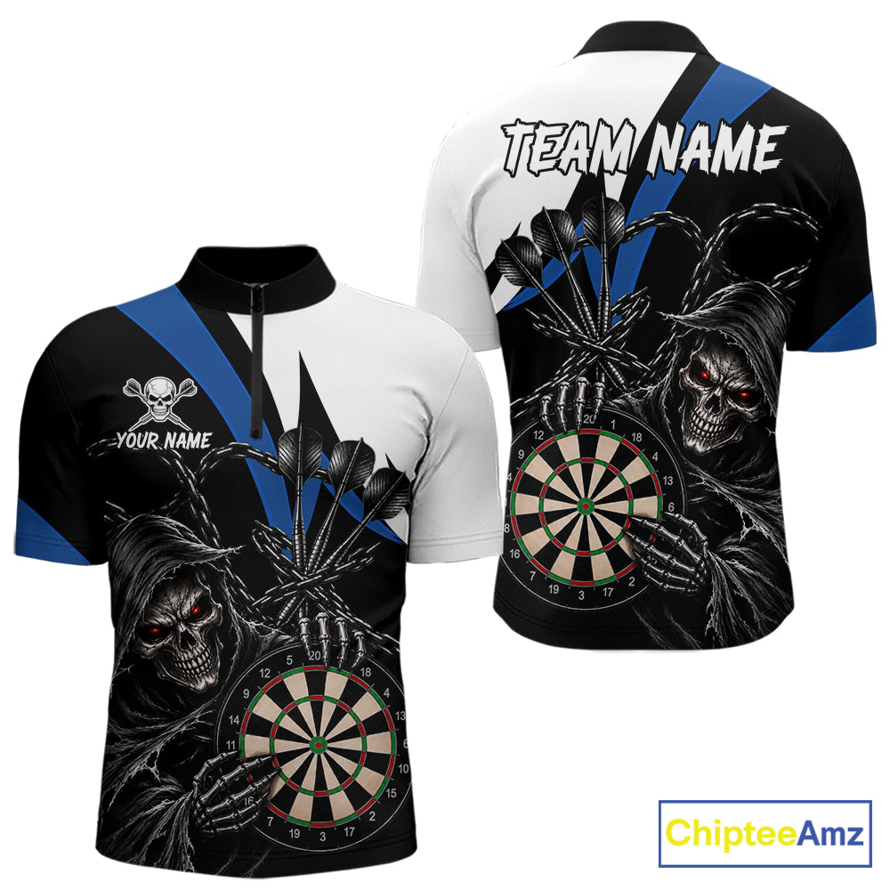 Personalized Grim Reaper Chain Darts Shirts For Men Custom Skull Darts League Team Jersey | Blue TDM7184