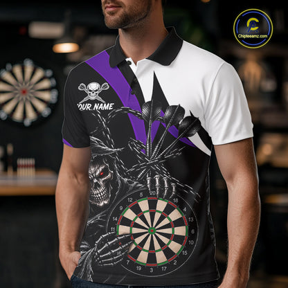 Personalized Grim Reaper Chain Darts Shirts For Men Custom Skull Darts League Team Jersey | Purple TDM7185
