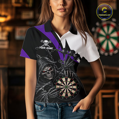Personalized Grim Reaper Chain Darts Shirts For Women Custom Skull Darts League Team Jersey | Purple TDM7185