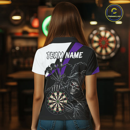 Personalized Grim Reaper Chain Darts Shirts For Women Custom Skull Darts League Team Jersey | Purple TDM7185
