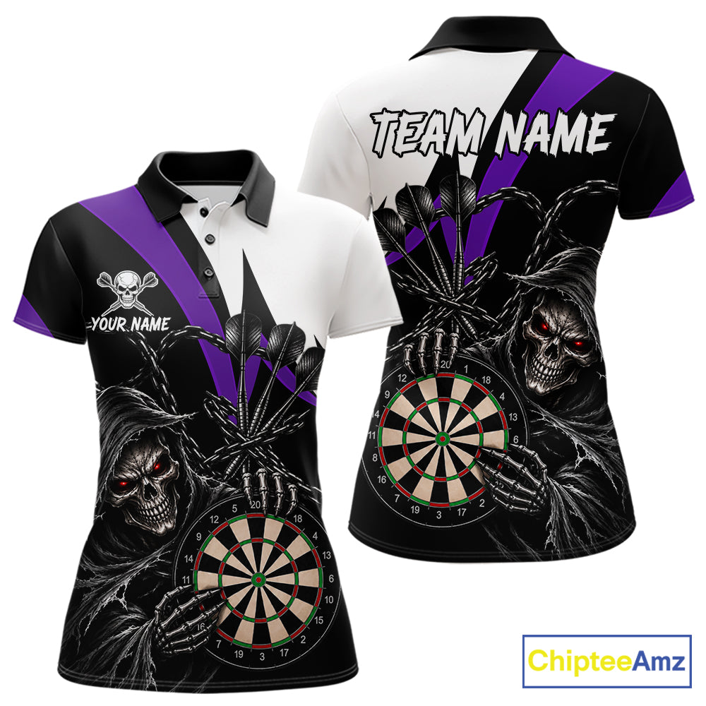 Personalized Grim Reaper Chain Darts Shirts For Women Custom Skull Darts League Team Jersey | Purple TDM7185