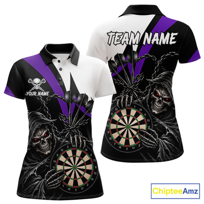 Personalized Grim Reaper Chain Darts Shirts For Women Custom Skull Darts League Team Jersey | Purple TDM7185