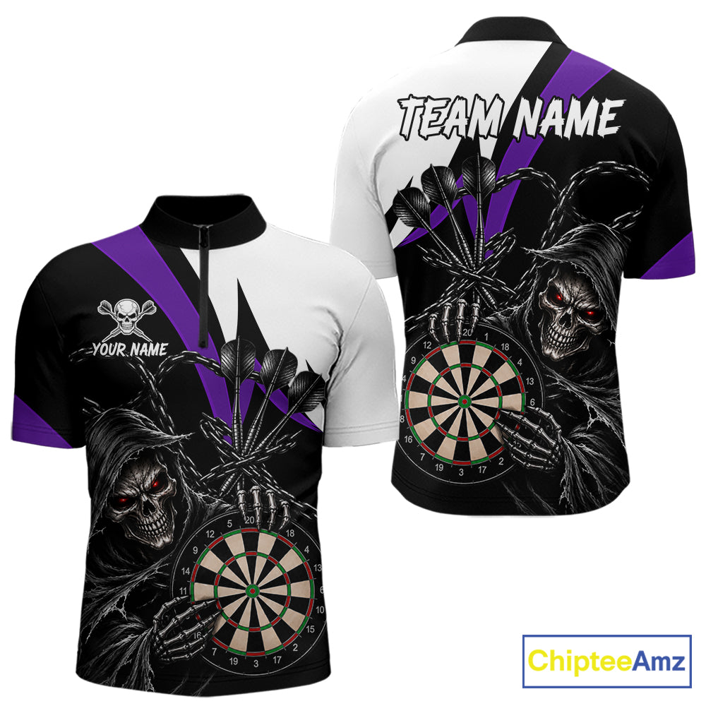 Personalized Grim Reaper Chain Darts Shirts For Men Custom Skull Darts League Team Jersey | Purple TDM7185