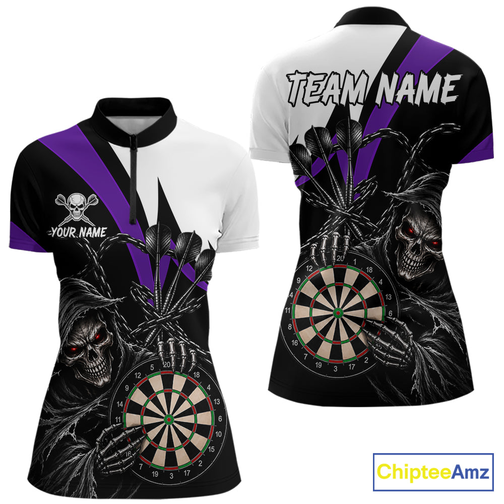 Personalized Grim Reaper Chain Darts Shirts For Women Custom Skull Darts League Team Jersey | Purple TDM7185