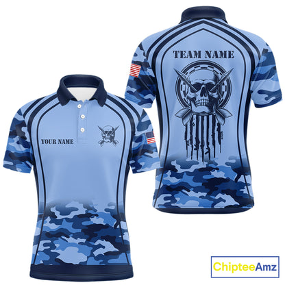 Vintage Blue Camo Darts Polo & Quarter Zip Custom Dart Shirts For Men, Camouflage Dart Team Jersey TDM7192