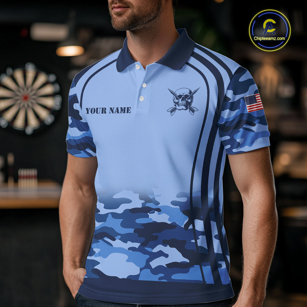 Vintage Blue Camo Darts Polo & Quarter Zip Custom Dart Shirts For Men, Camouflage Dart Team Jersey TDM7192