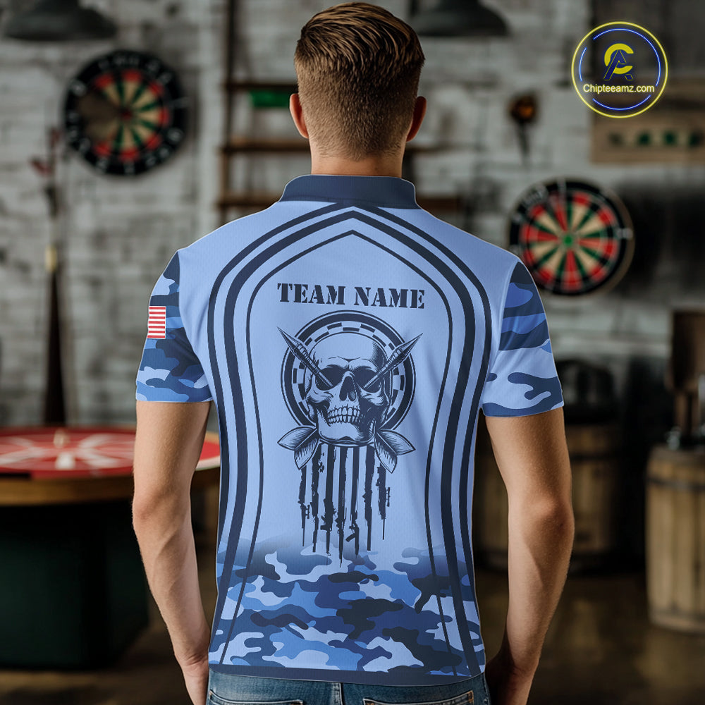 Vintage Blue Camo Darts Polo & Quarter Zip Custom Dart Shirts For Men, Camouflage Dart Team Jersey TDM7192