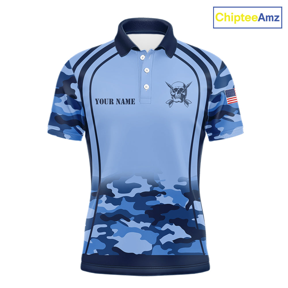 Vintage Blue Camo Darts Polo & Quarter Zip Custom Dart Shirts For Men, Camouflage Dart Team Jersey TDM7192